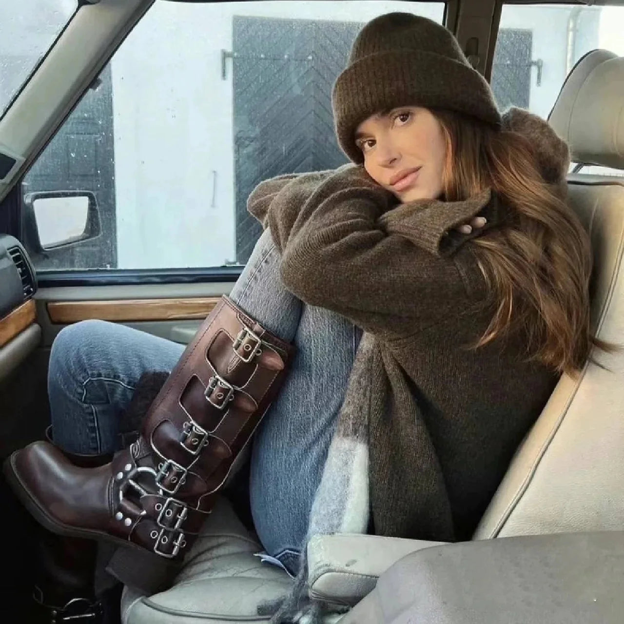 Knee-High Western Boots – Platform Rivet Belt Buckle – Genuine Leather | KIMLUD