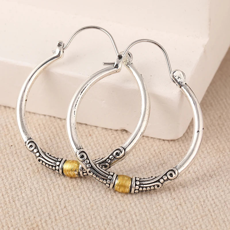 Hoop Earrings – Two-tone Textured Design – Copper Metal – Silver | KIMLUD