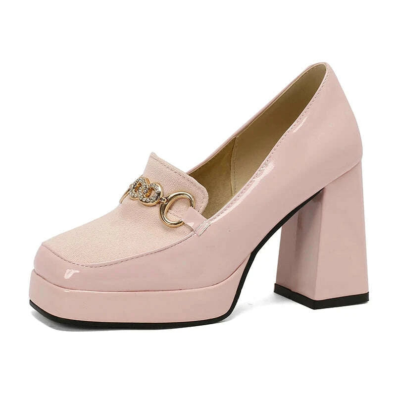 KIMLUD, Extra Big Size 49 50 Bright Yellow Metal Crystal Chain Woman's Pumps Spring Fall Shoes Slip-on Loafers Platform Block High Heels, KIMLUD Womens Clothes