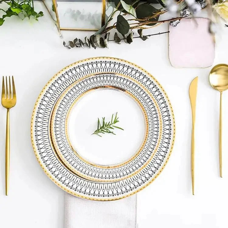 Ceramic European Style Dessert Plate With Gold Rim And Subtle Depth — White | KIMLUD