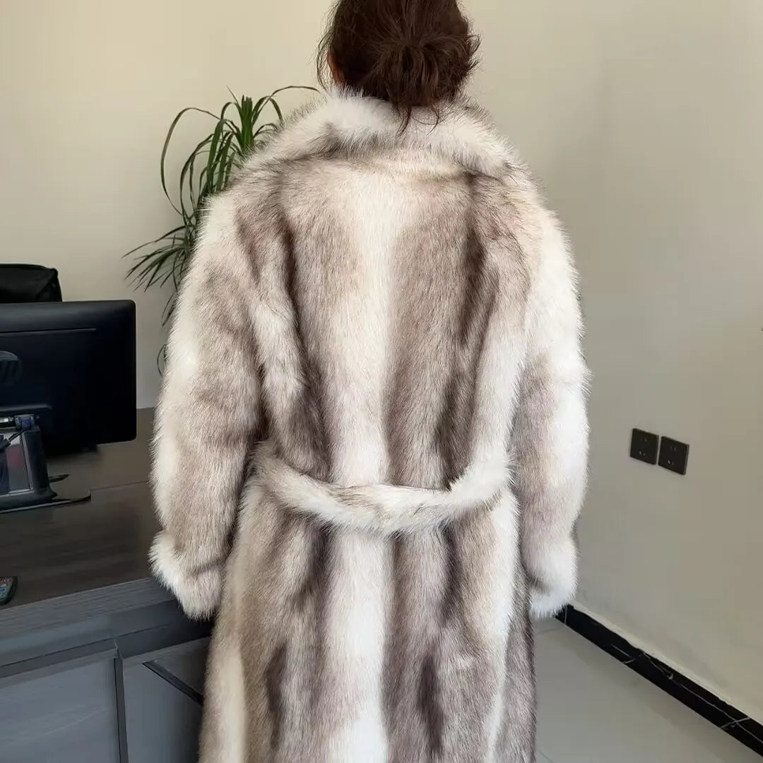 Faux Fur Coat - Long Waistband Design - Faux Fur - Large Collar | KIMLUD