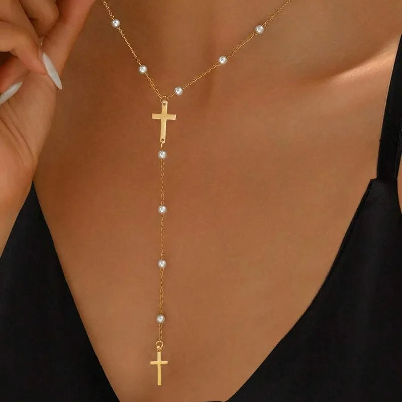Stainless Steel Necklaces Cross Pendant Y-Shaped Clavicle — Multicolor | KIMLUD