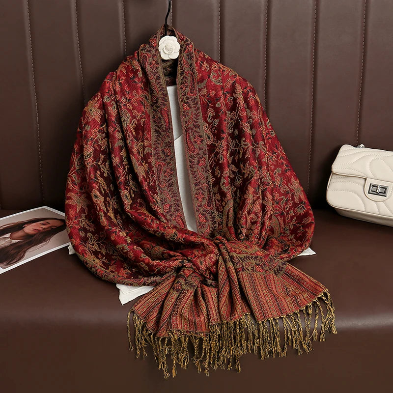 Cashmere Pashmina Shawl With Autumn Print Design, Olive Accents And Gold-Toned Fringe — Red | KIMLUD