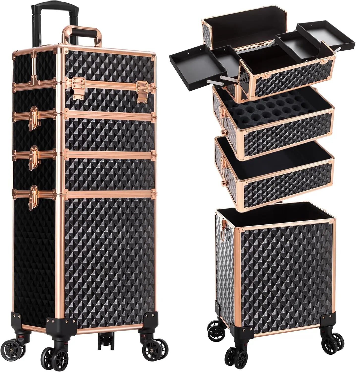 Rolling Plastic Travel Suitcases 4-In-1 Cosmetology Case Wheels — Black | KIMLUD