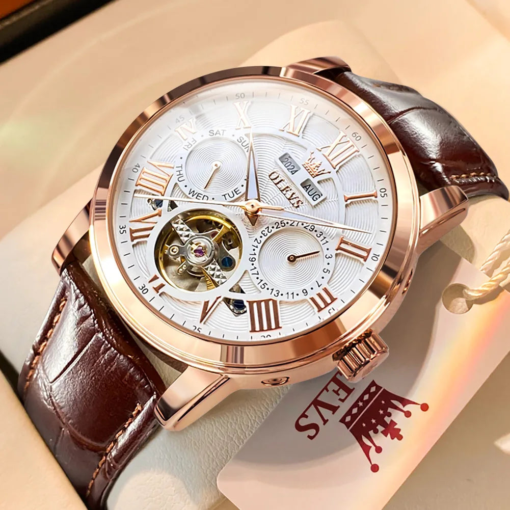Luxury Automatic Watch With Brown Leather Strap And Mechanical Hand Wind Movement — Blue | KIMLUD