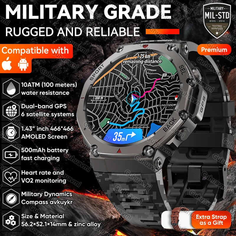T-Rex 3 Built-in Dual-band GPS Military SmartWatch Men Compass Altimeter Barometric 10ATM&IP69K Waterproof 170+ Sport Smartwatch