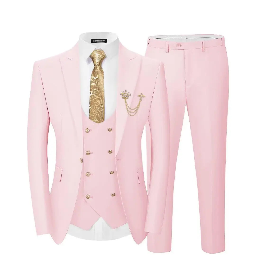 Men's 3-Piece Suit Set Classic One Gold Button Slim Fit Blazer Vest Pants Formal Business Wedding Wear