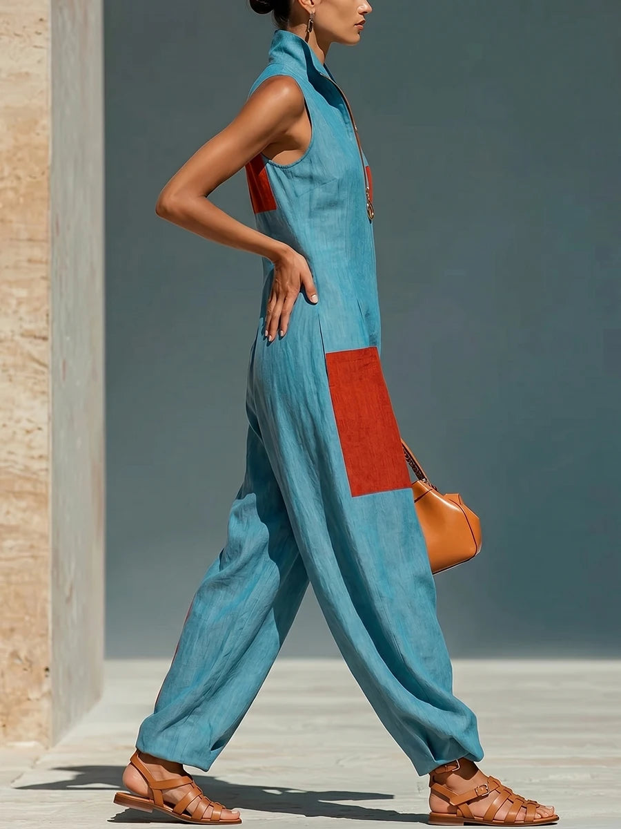 Polyester Elastane Sleeveless Jumpsuit — Black | KIMLUD