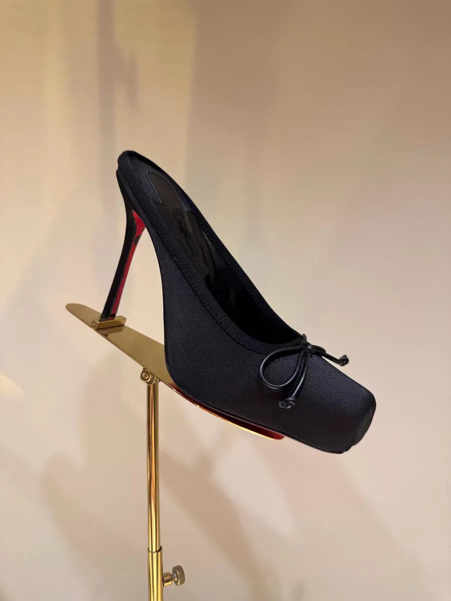 Satin Butterfly-Knot Square-Toe Heels — Black | KIMLUD