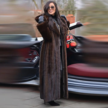 Hooded Coat – Faux Mink Fur – Man-Made Fiber – Dark Brown | KIMLUD