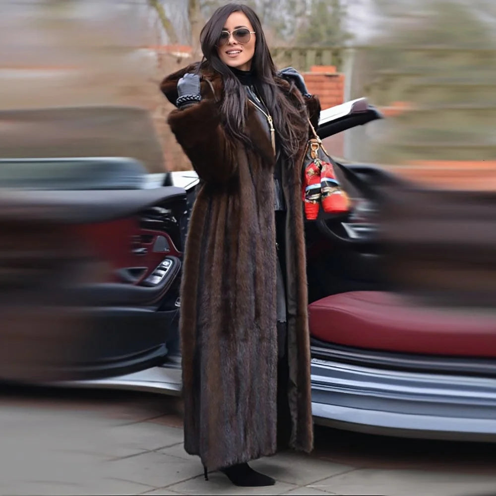 Faux Mink Fur Hooded Coat – Belted – Long Length – Dark Brown | KIMLUD