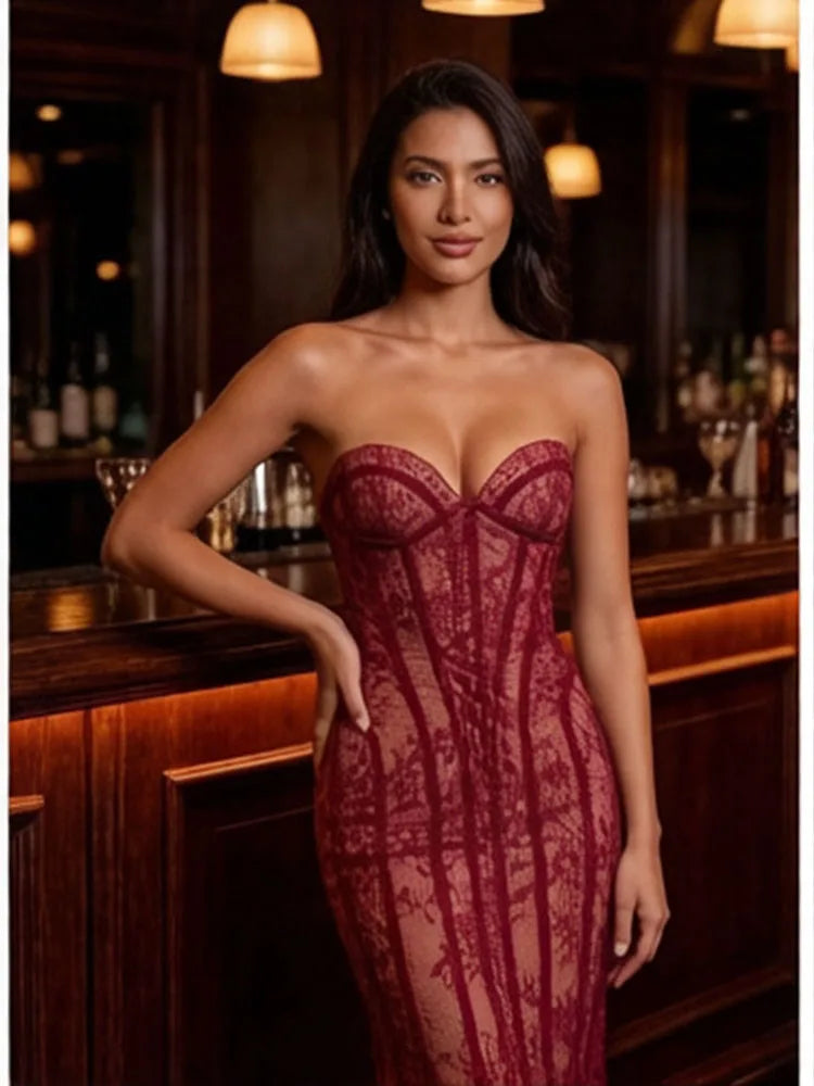 Evening Dress – Lace Decoration – Polyester – Wine Red | KIMLUD