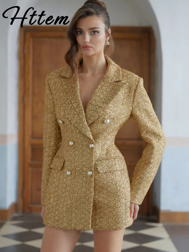 Elegant Paillettes Blazer Coat Women Lapel Doube-breasted Fake Pocket Slim Jackets Lady 2025 Autumn Winter Streewear Female New