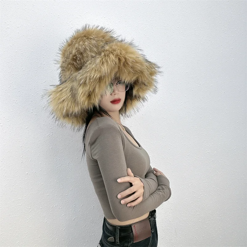 Winter Women Faux Fur Bucket Hat Warm Raccoon Fur Hat Oversize Outdoor Punk Hat Girl Fashion Long Fur Bucket Hat Furry Cute Cap - KIMLUD