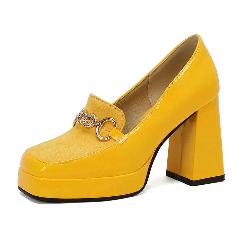 KIMLUD, Extra Big Size 49 50 Bright Yellow Metal Crystal Chain Woman's Pumps Spring Fall Shoes Slip-on Loafers Platform Block High Heels, KIMLUD Womens Clothes