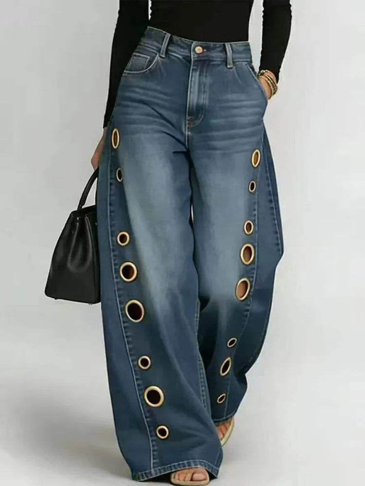 Elegant Fashion Patchwork Chic Trousers Women Spring Summer Hollow Out Wide Leg Pants 2026 Casual Lady High Waist Pants Femme
