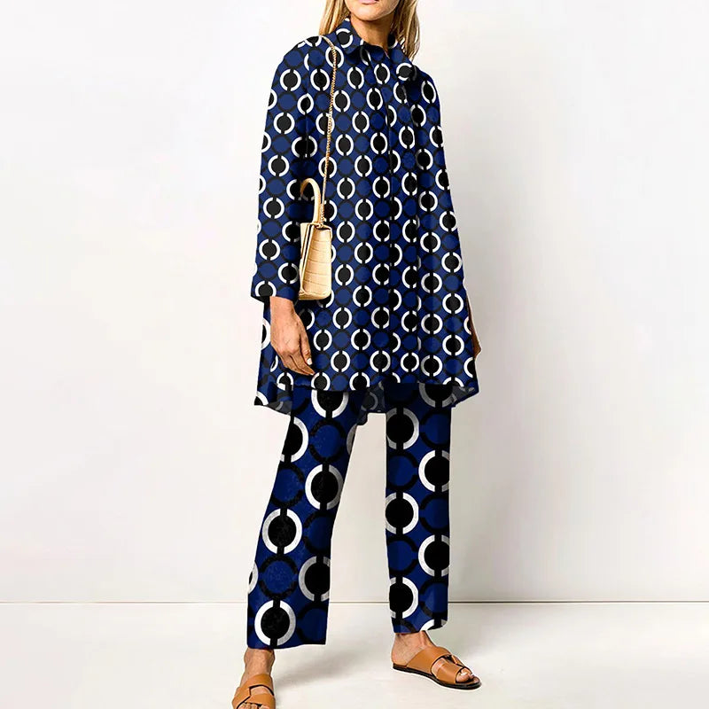 Two Piece Set – Loose Vintage Printed – Synthetic Fiber – Wide Leg | KIMLUD
