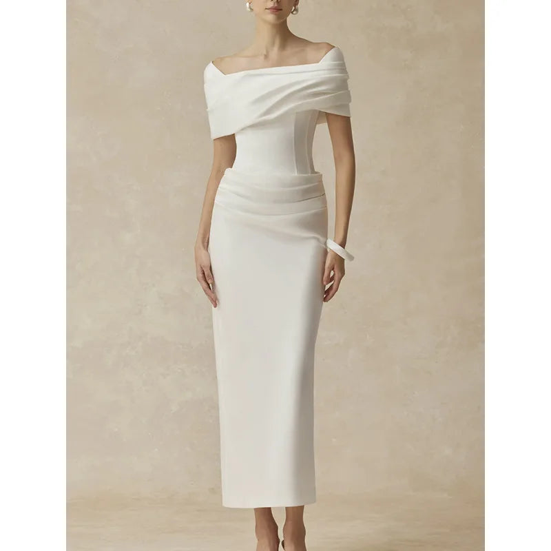 Bodycon Dress High-Waist Off-Shoulder Short Sleeves — White | KIMLUD