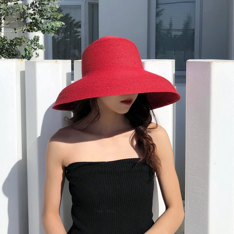 Straw Sun Hat Hepburn Foldable — Rose Red | KIMLUD