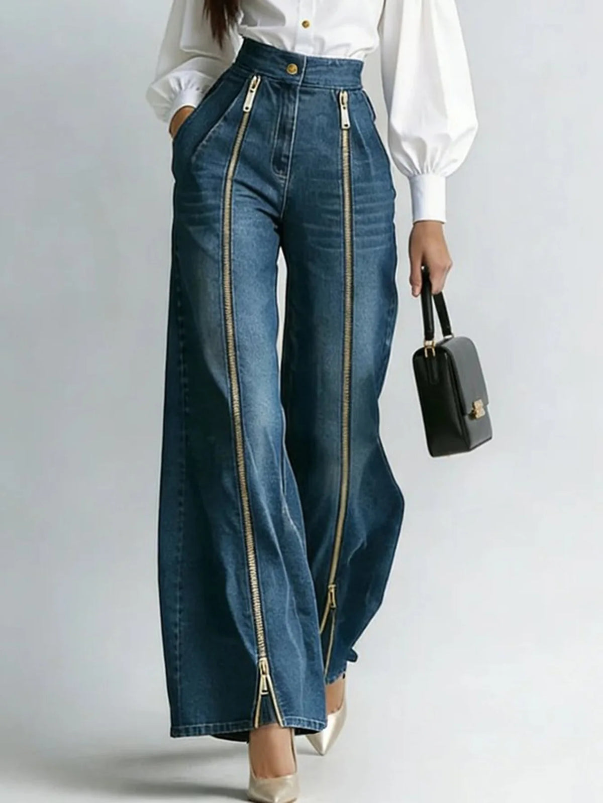 Jeans – High Waist Wide Leg With Double Zipper Split Hem – Denim | KIMLUD
