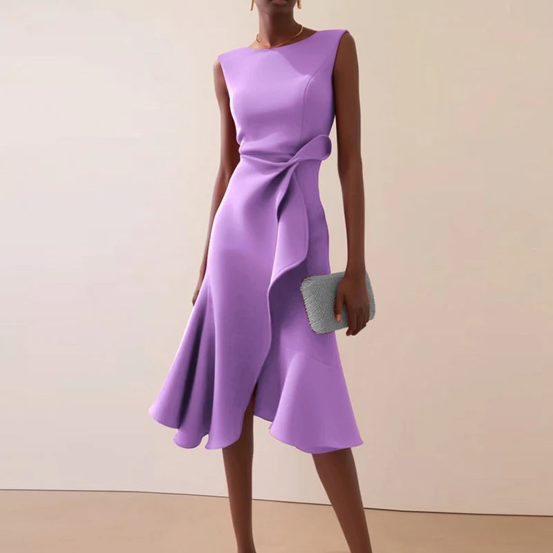 O-Neck A-Line Dress With Knot And Ruffle — Pink | KIMLUD