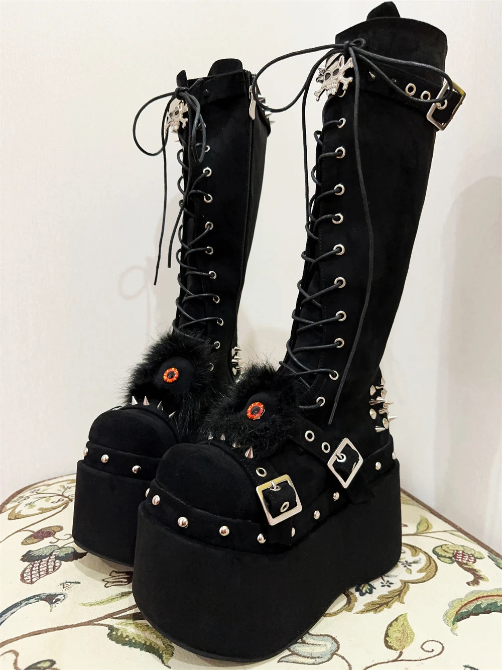 Skull Rivet Black Punk Platform Knee High Boots Shoes Women Zapatos Mujer