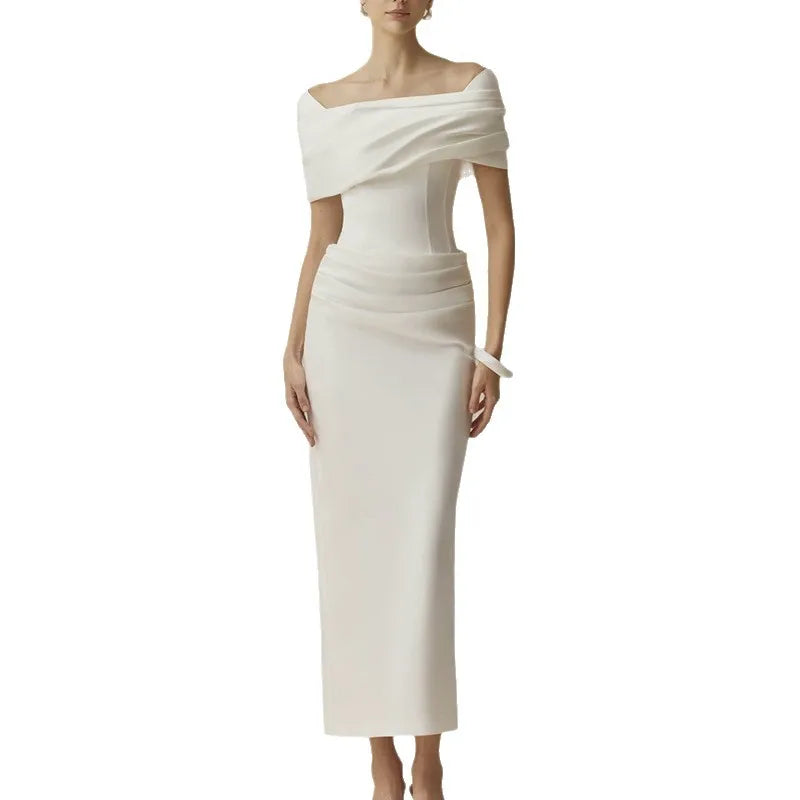 Bodycon Dress High-Waist Off-Shoulder Short Sleeves — White | KIMLUD