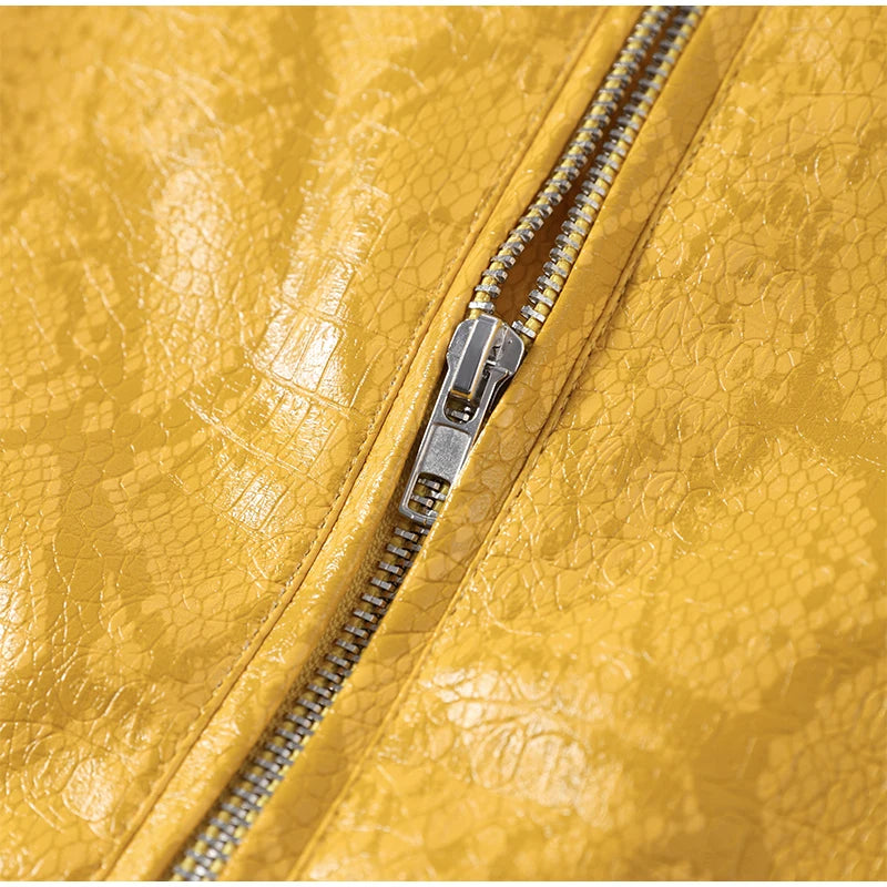 Snake Pattern Zipper Front Jacket - Stand Collar Padded Shoulder - Poly | KIMLUD