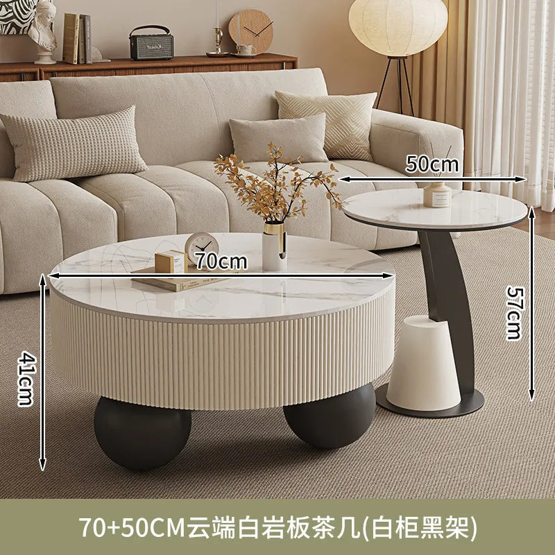 Minimalist Round Coffee Table With Storage Drawers — Ivory White | KIMLUD