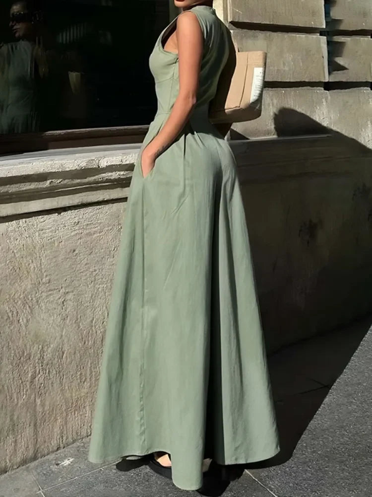 Polished Polyester Jumpsuit Sleeveless High-Waist Wide-Leg Pockets — Mustard | KIMLUD