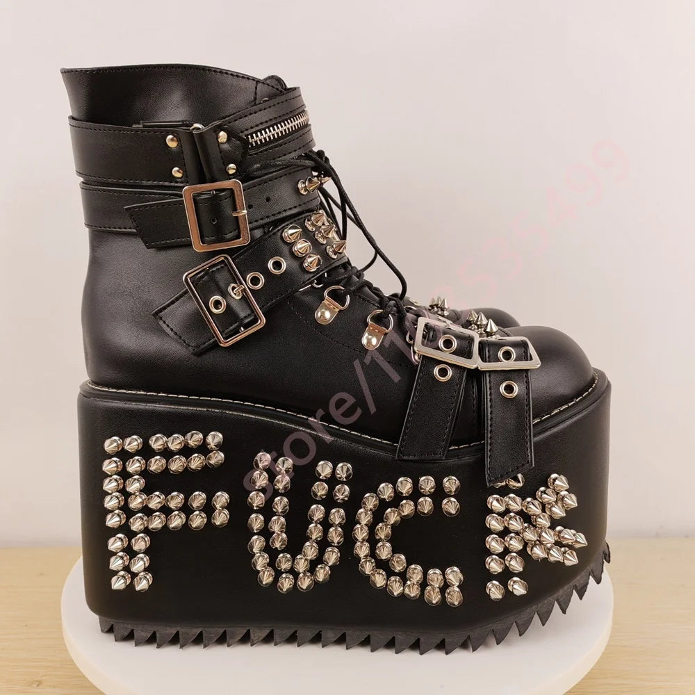 Knee-High Boots - Platform Studded - PU - Wedge Heel | KIMLUD