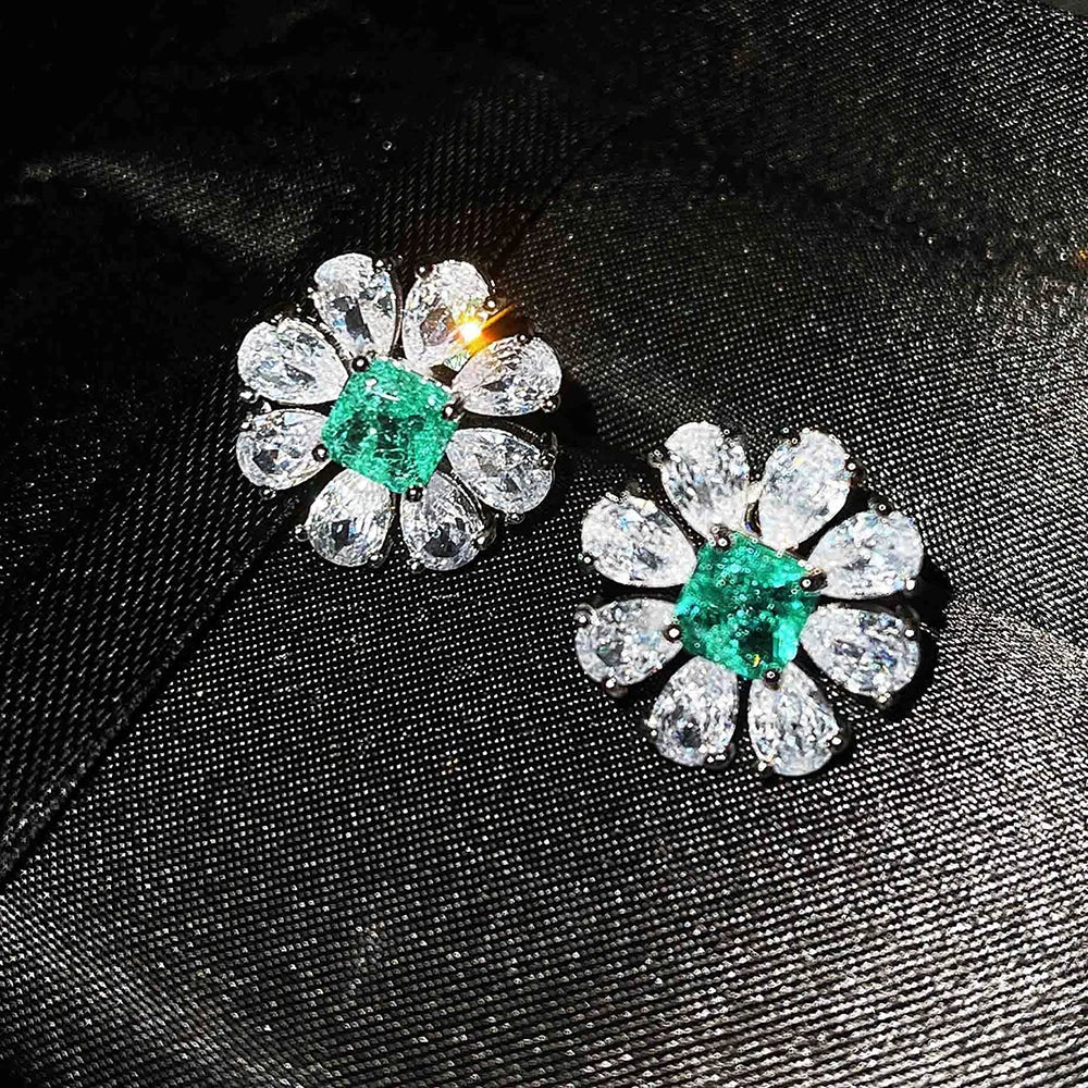 Sterling Silver Big Flower Stud Earrings Paraiba — Blue-Green | KIMLUD