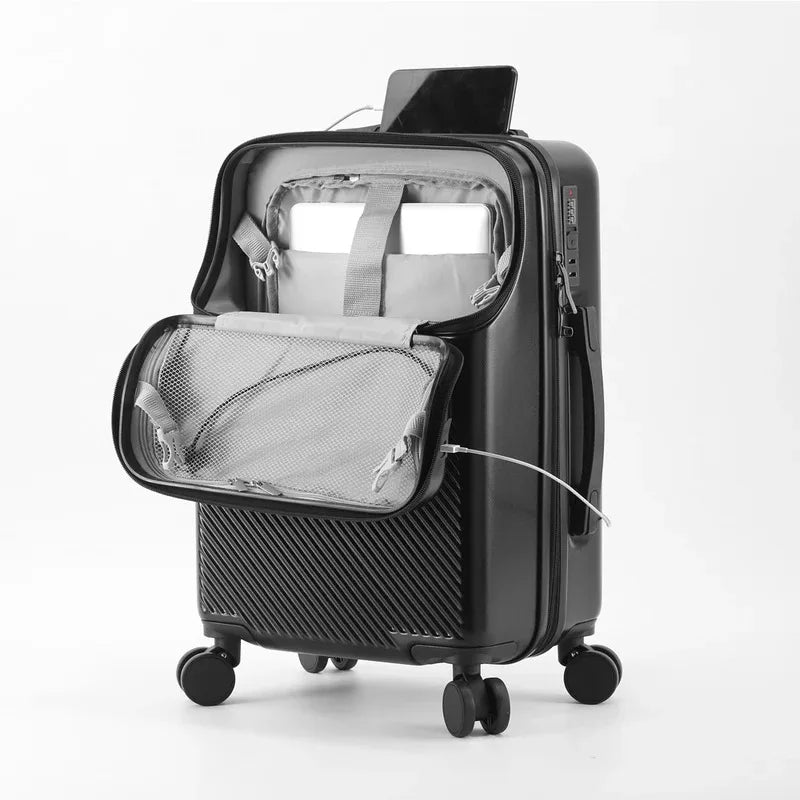 Polycarbonate Carry-On Luggage 20-Inch Lightweight With Cup Holder — Metallic Silver | KIMLUD