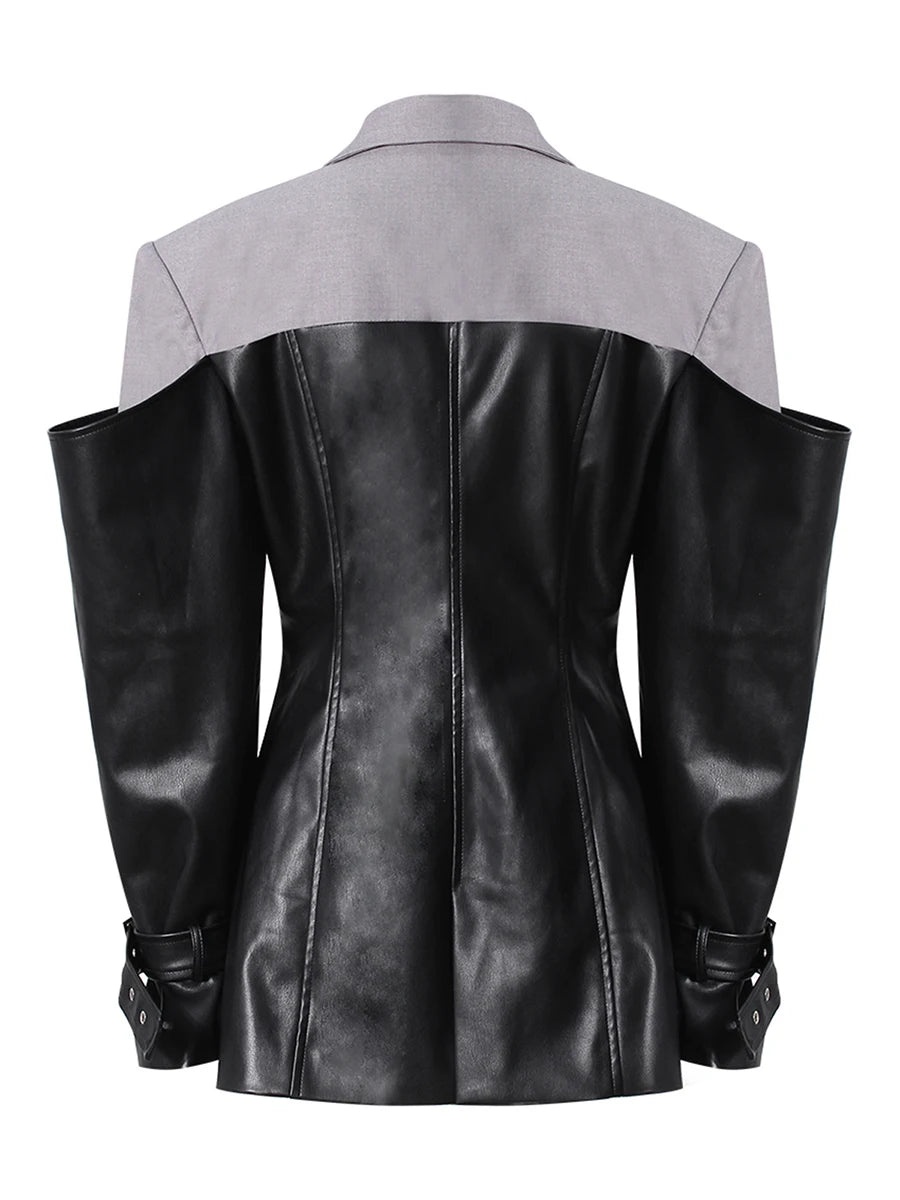 Leather Patchwork Jacket — Lapel Long Sleeve Black | KIMLUD