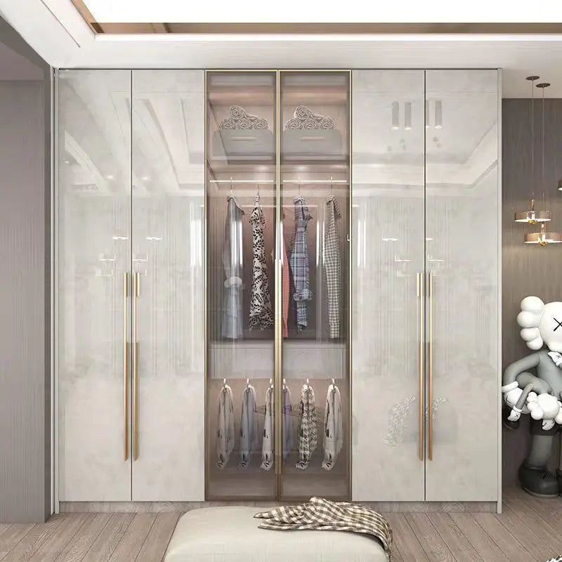 Glass Door Modern Wardrobe With Ample Storage And Brass Hardware — Pale Gray | KIMLUD
