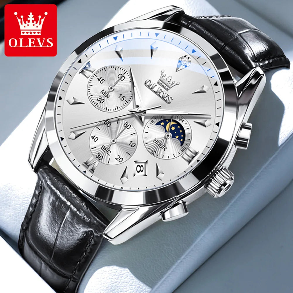 OLEVS Luxury Men's Watches Leather Strap Waterproof Luminous Chronograph Moon Phase Man Watch Top Original Quartz Watch for Men