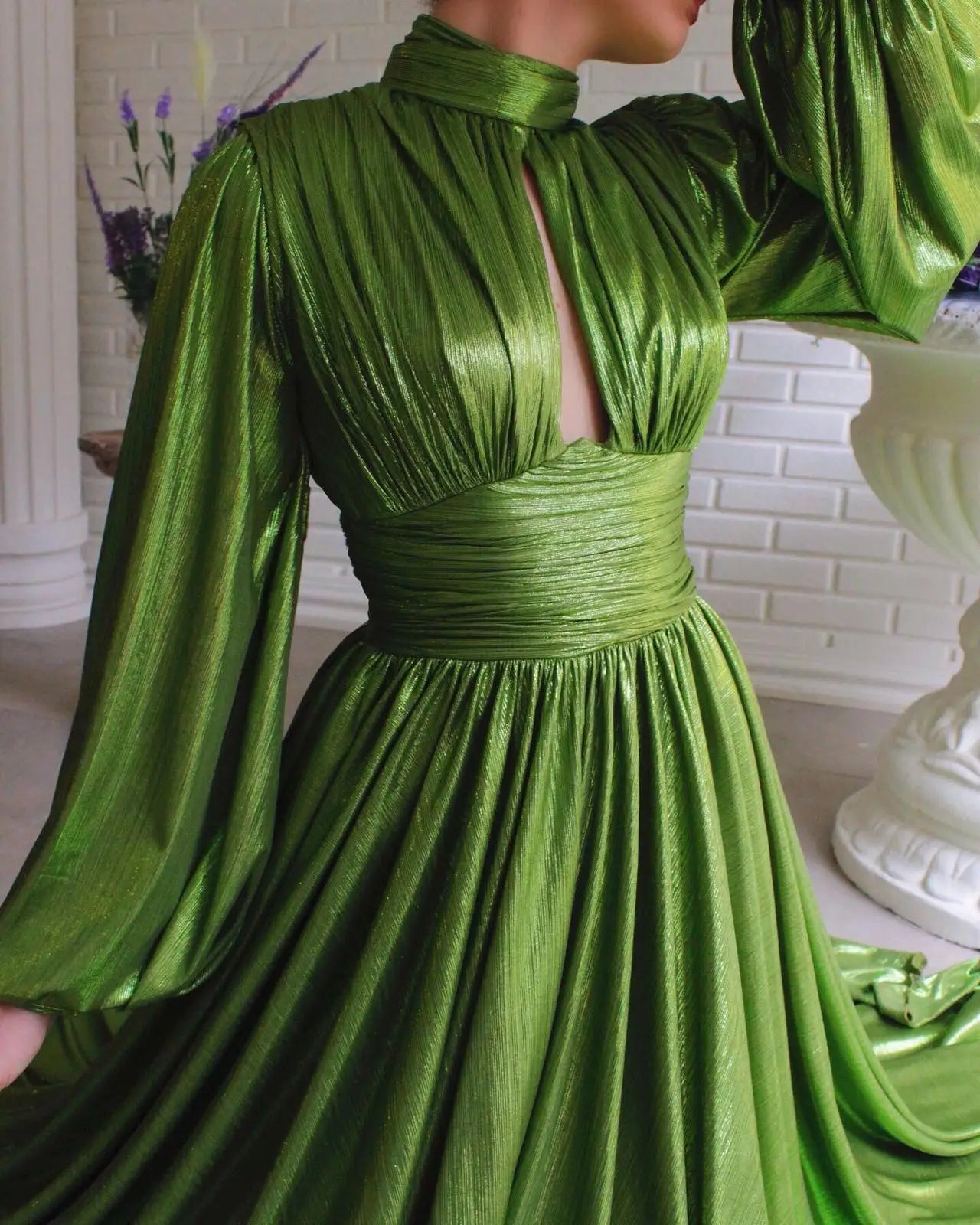 Satin-Effect Polyester Dress With Hanging-Neck — Avocado Green | KIMLUD