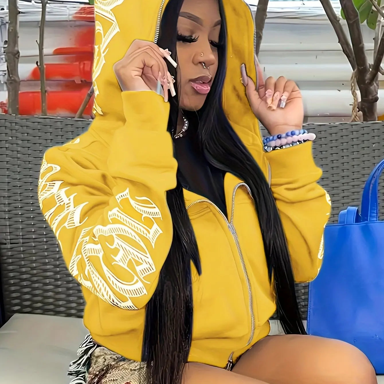 Hoodie Sweatshirt – Letter Print Zip Up – Polyester Spandex | KIMLUD