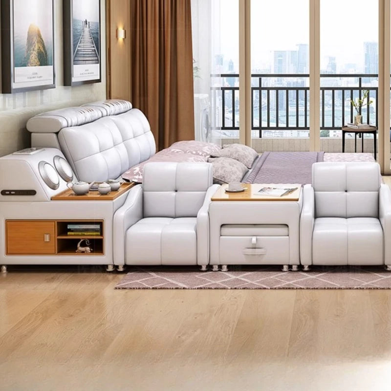 Upholstered Bed With Storage And Integrated Headboard In Minimalist Modern Silhouette — Ivory White | KIMLUD