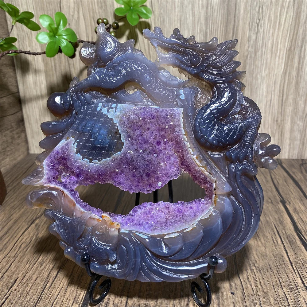 Amethyst Geode Dragon Carving Hand-Carved — Purple | KIMLUD