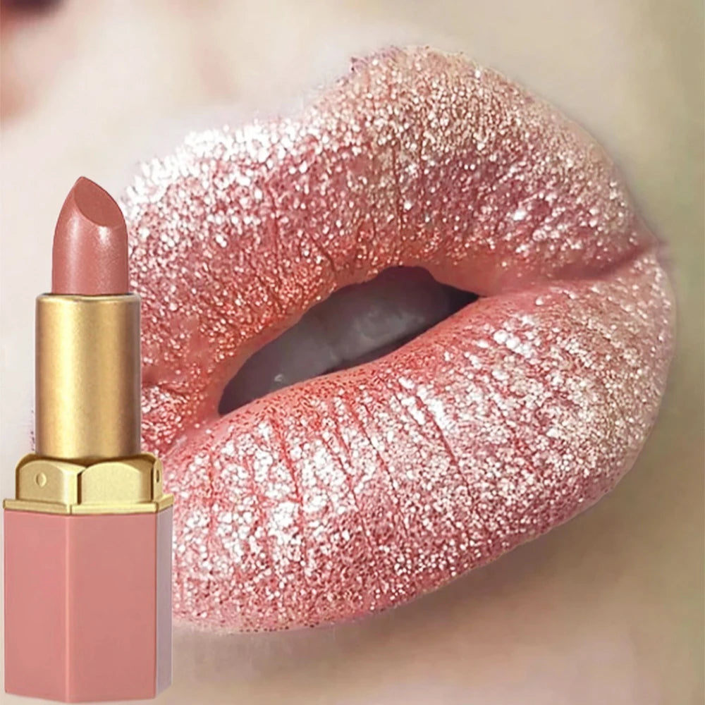 6 Colors Gold Bar Tube Lipstick Diamond Pearlescent Glitter Gold Pink Lips Stick Long-Lasting Non-Sticky High-Shine Makeup