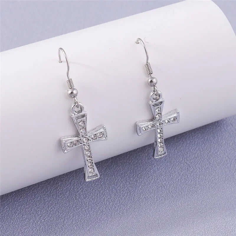 Silver-Tone Cross Earrings Zircon Crystal Dangle — Silver | KIMLUD