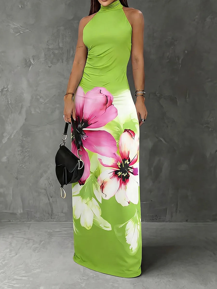 Halter Neck Maxi Dress - Floral Printed - Polyester | KIMLUD