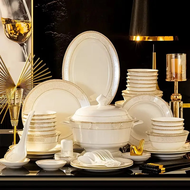 Bone China Tableware Set 60-Piece Hand-Painted Gold — White | KIMLUD