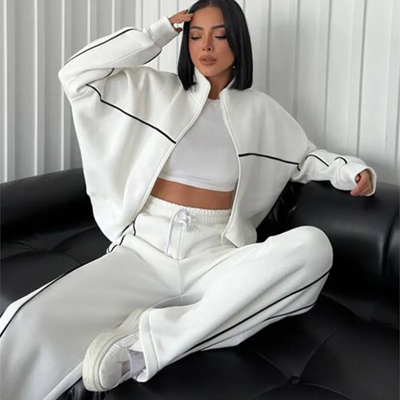 Cotton-Polyester Knit Cardigan Set With Tailored Wide-Leg Trousers — Cream | KIMLUD