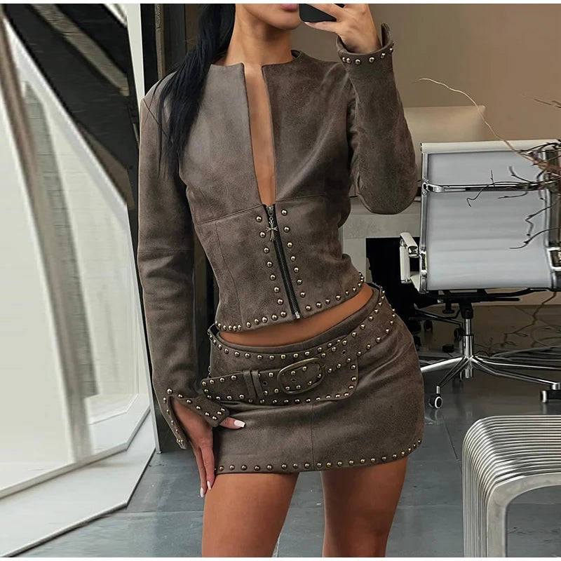 Jacket Skirt Set - Studded Trim - Cropped Zip-Up - Women | KIMLUD