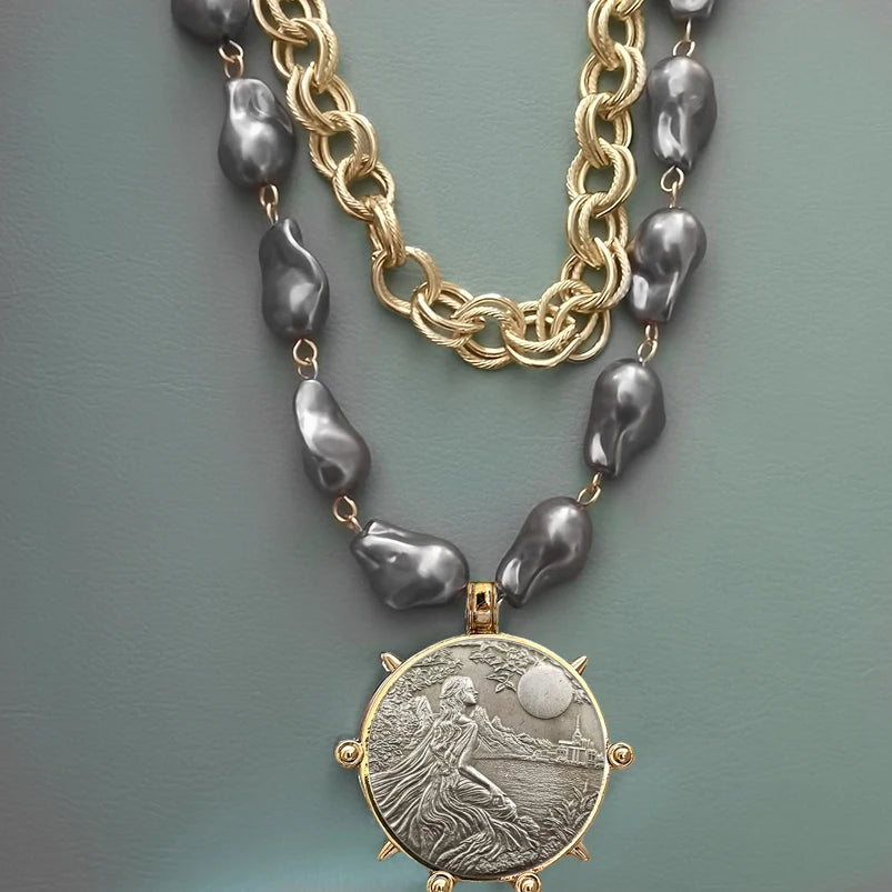 Choker Necklace - Coin Charm Pendant - Cubic Zirconia - Grey | KIMLUD