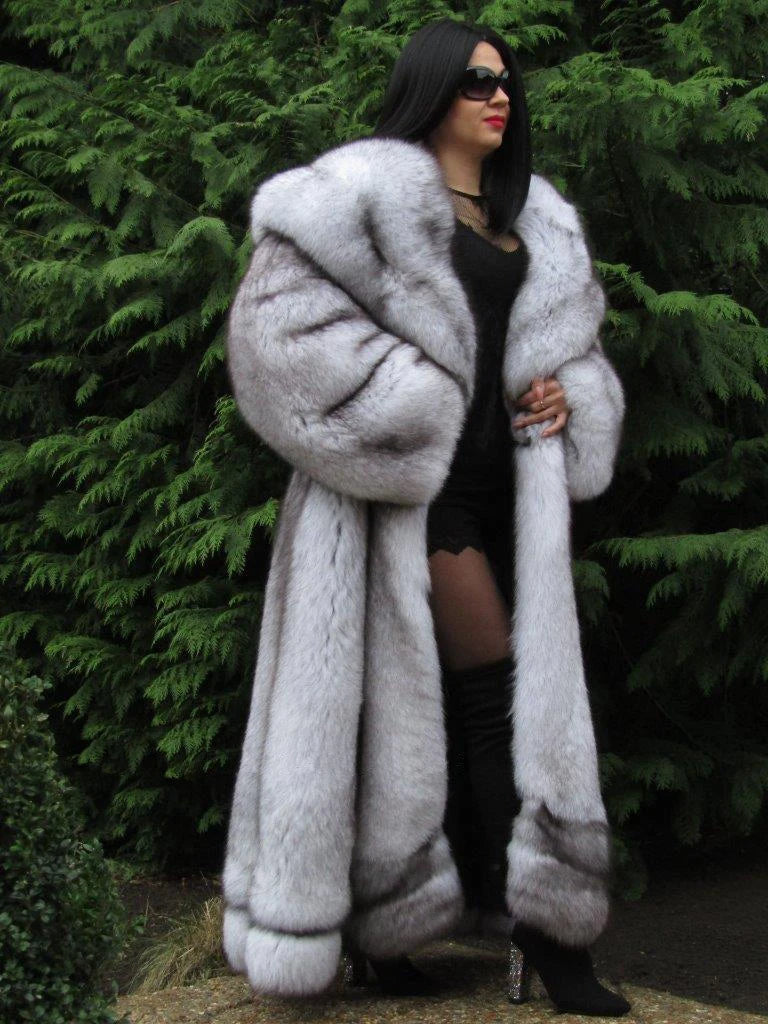 Faux Fox Fur Coat Long Hooded Thermal Full Pelt — Black | KIMLUD
