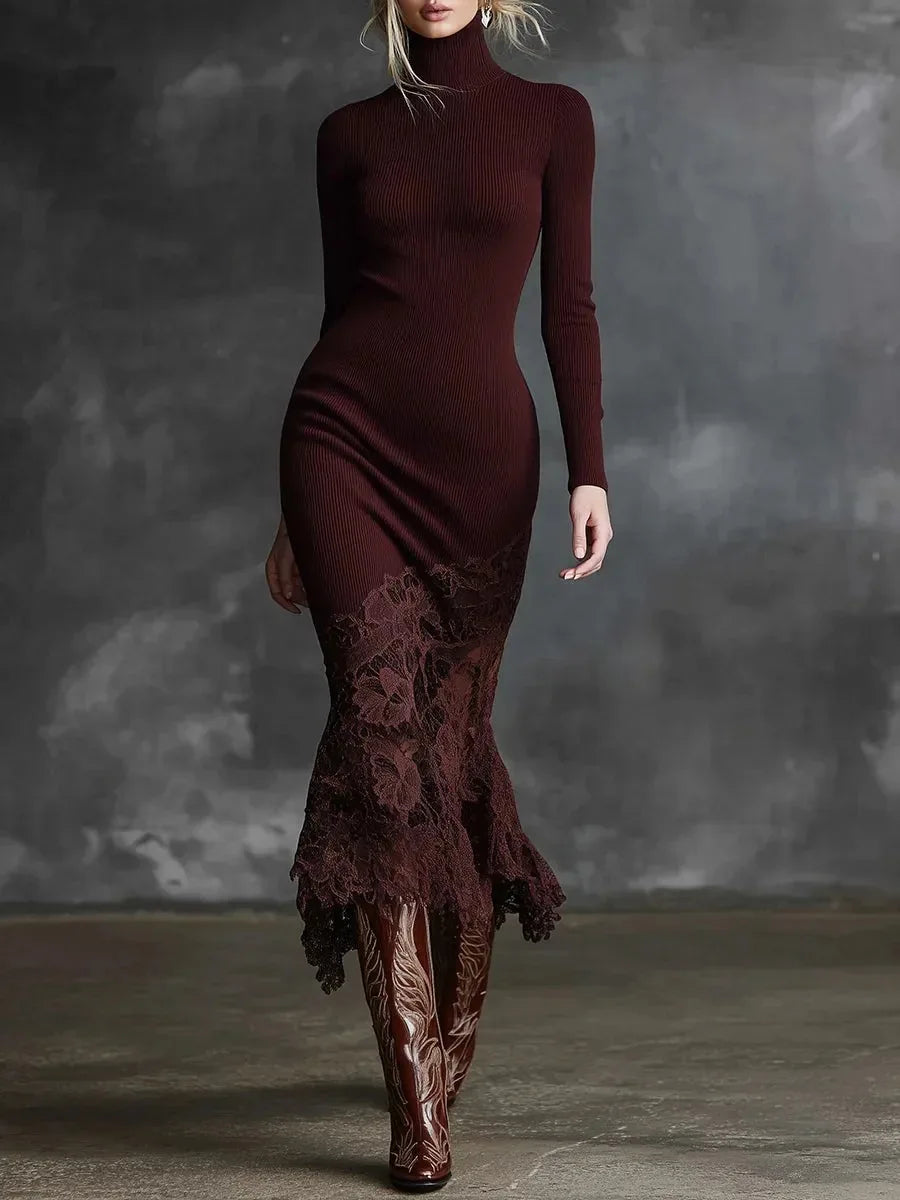 Women's Sexy Lace Splicing Long Dress High Neck Slim Fit Long Sleeve Wine Red Maxi Dress for Autumn Comfortable Evening Wear