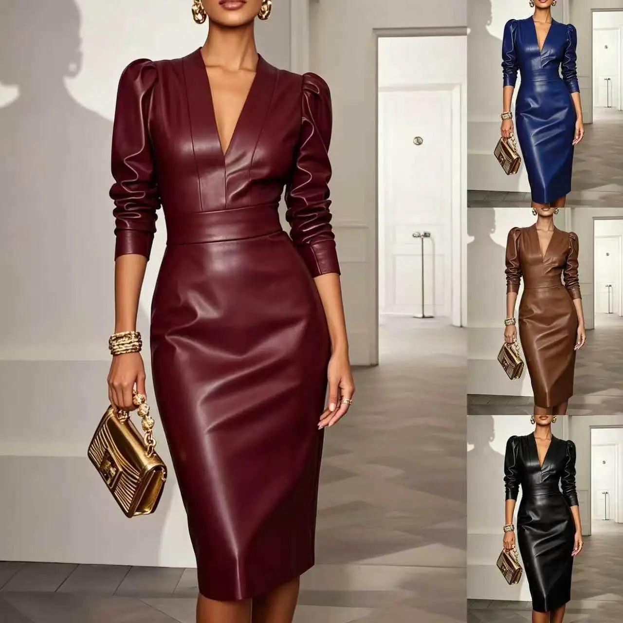 Midi Dress – V Neck – PU Leather – Knee Length | KIMLUD